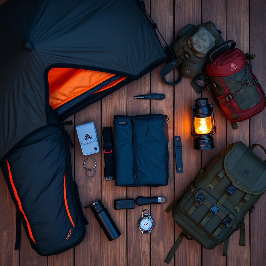 Camping gear flat lay
