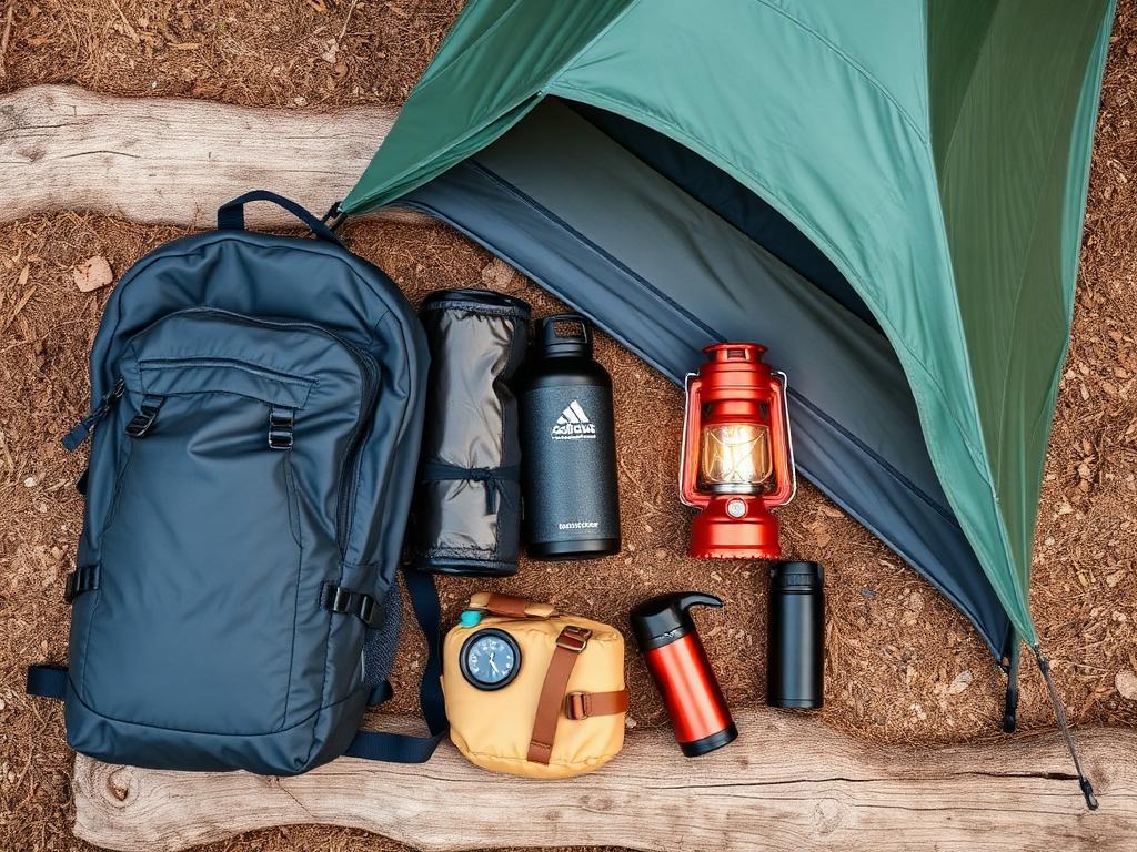 Outdoor camping gear flat lay