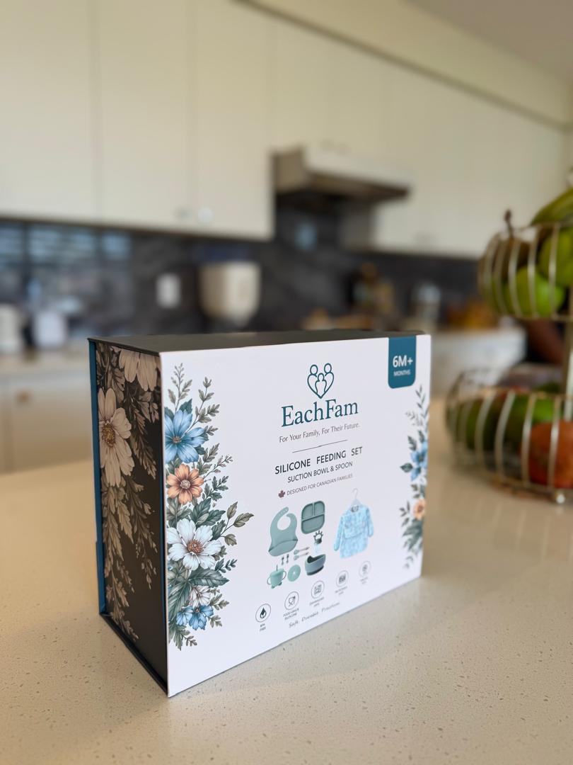 EachFam silicone feeding set retail gift box with floral design