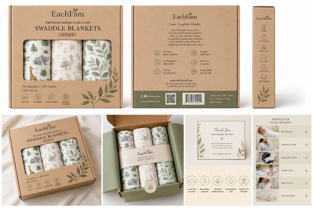 EachFam premium bamboo muslin swaddle blankets set